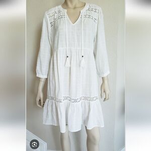 Knox Rose Women White V-Neck Baby Doll Sundress with 3/4 Sleeves Boho Chic sz M